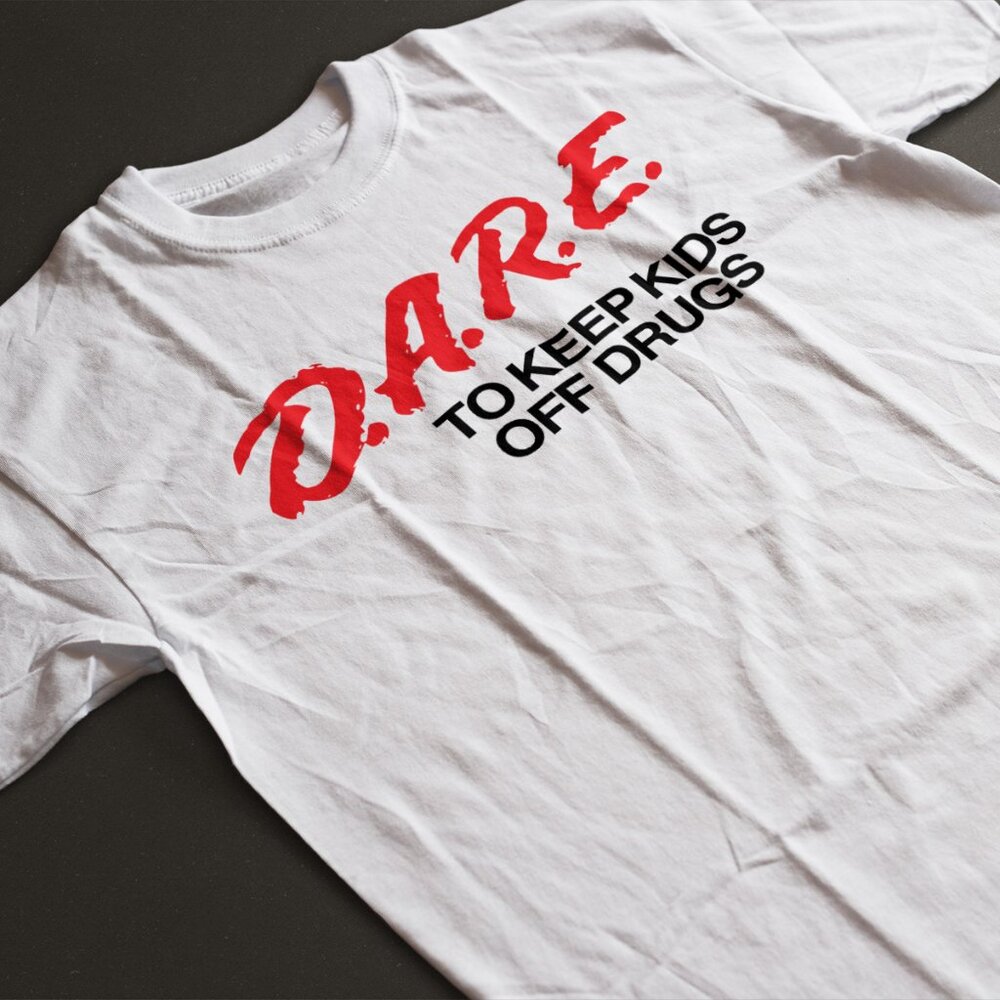 Funny Retro Dare Drug Free 90s T-Shirt. Black. Multiple Sizes. Fast Shipping!